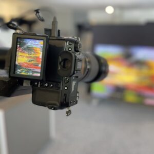 A camera displaying a smaller high resolution image of a painting out of focus in the background