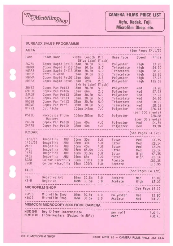 An image of The Microfilm Shops pricing list from 2004 on pink paper