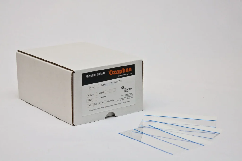 A photograph of a box of Ozaphan microfilm jackets