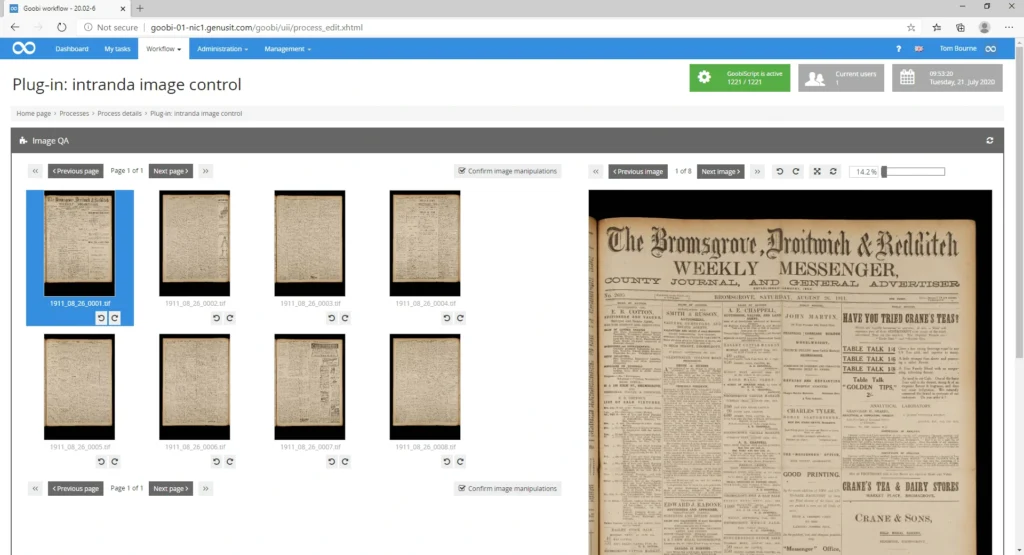 A screenshot of a computer program displaying photographs of a newspaper page.
