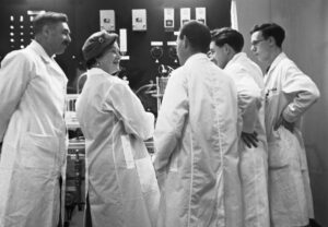 The Queen Mother speaking to a group of scientists during her visit to Dounreay in the late 50s